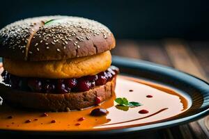 a hamburger with cranberry sauce on a plate. AI-Generated photo