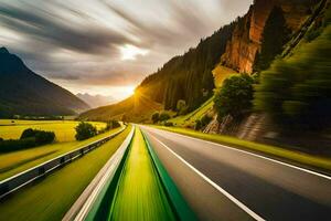 un coche conducción en un autopista a puesta de sol. generado por ai foto