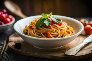 spaghetti with tomatoes and basil on a wooden table. AI-Generated photo