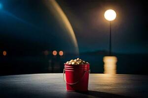 a bucket of popcorn on a table in front of a full moon. AI-Generated photo