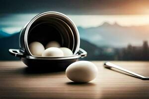 eggs in a pan on a table with a knife and spoon. AI-Generated photo