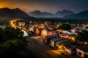 a town at dusk with mountains in the background. AI-Generated photo