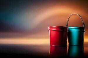 two buckets of paint on a dark background. AI-Generated photo