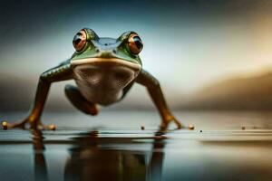 a frog is standing on the water with its eyes open. AI-Generated photo