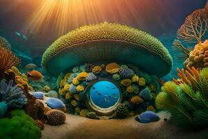 an underwater scene with a mushroom and coral reef. AI-Generated photo