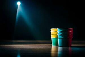 three plastic cups on a table with a spotlight. AI-Generated photo