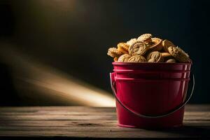 a bucket filled with cookies on a wooden table. AI-Generated photo