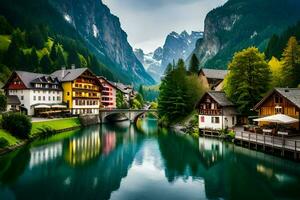 vistoso casas y montañas en el Alpes. generado por ai foto