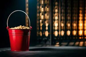 a red bucket filled with popcorn on a table. AI-Generated photo