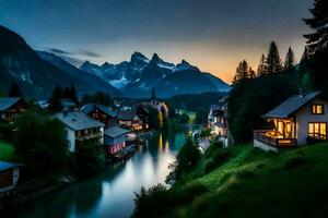 el pueblo de alpin en el Alpes. generado por ai foto