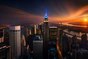 the sun sets over the empire state building in new york. AI-Generated photo