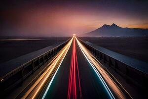 a long exposure photograph of a highway with lights on it. AI-Generated photo