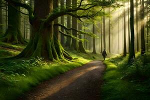 un hombre caminando abajo un camino en el bosque. generado por ai foto