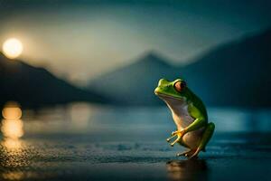 a frog sitting on the edge of a lake at night. AI-Generated photo