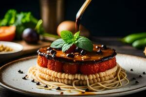 a plate with spaghetti and a cherry on top. AI-Generated photo
