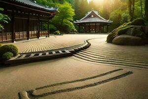 a japanese garden with a stone path and a pagoda. AI-Generated photo