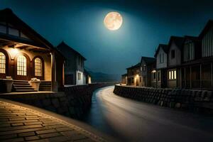 a moonlit street with houses and a river. AI-Generated photo