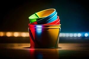 a colorful bucket with a light shining on it. AI-Generated photo