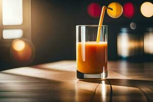 naranja jugo en vaso en de madera mesa. generado por ai foto