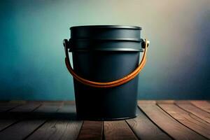 a black bucket with a leather strap on a wooden table. AI-Generated photo