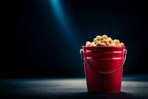 a red bucket filled with peanuts on a dark background. AI-Generated photo