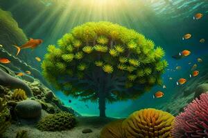 un árbol con muchos diferente tipos de pescado en el océano. generado por ai foto