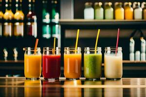 a row of different colored juices in glasses. AI-Generated photo