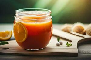 un vaso de naranja jugo en un corte tablero. generado por ai foto