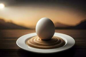 un huevo en un plato con un puesta de sol en el antecedentes. generado por ai foto