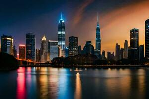 the city skyline at night in shanghai. AI-Generated photo