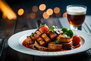 un plato de tofu con salsa y un vaso de cerveza. generado por ai foto