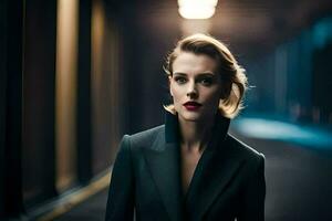 a woman in a suit and red lipstick. AI-Generated photo