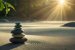 a stack of stones in the sand with the sun shining. AI-Generated photo