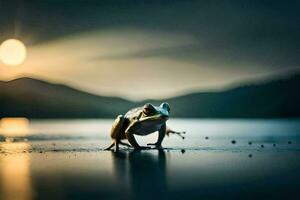 un rana sentado en el suelo en frente de un lago. generado por ai foto