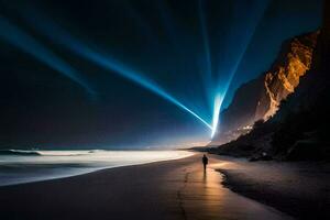 a man walking on the beach at night with a beam of light coming from the sky. AI-Generated photo