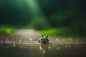 a frog sitting on the ground in the dark. AI-Generated photo