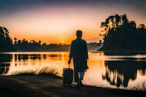 a man with a suitcase walking along the shore at sunset. AI-Generated photo