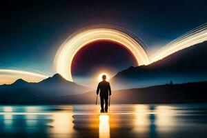 a man standing in front of a ring of light. AI-Generated photo