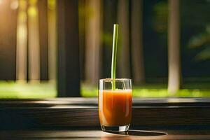 a glass of orange juice with a straw sitting on a table. AI-Generated photo