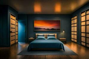 a bedroom with blue walls and wooden floors. AI-Generated photo