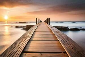 a wooden bridge leads to the ocean at sunset. AI-Generated photo