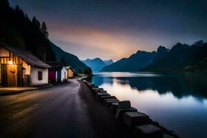 un lago y un casa en el montañas. generado por ai foto