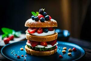 a stack of burgers with berries and cream. AI-Generated photo