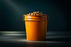 a bucket of peanuts on a dark table. AI-Generated photo