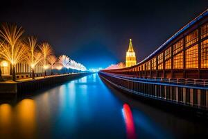 un largo exposición foto de un puente y un Iglesia a noche. generado por ai