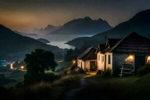 a house sits on the side of a hill overlooking a lake. AI-Generated photo