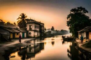 a man walking along a canal in front of a village. AI-Generated photo