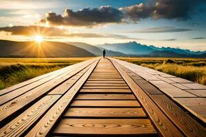 a wooden bridge leads to a sunset in the distance. AI-Generated photo