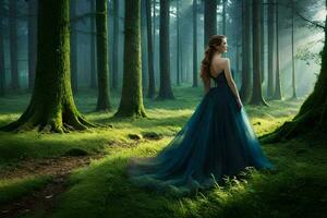 a woman in a blue dress stands in the middle of a forest. AI-Generated photo