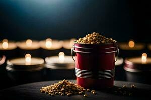 a bucket of soybeans and candles on a table. AI-Generated photo